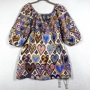 FARM RIO Dress Women Small Hearts Ikat Mini 100% Linen Beaded Tassel Puff Sleeve